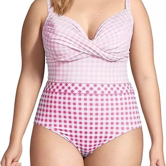 DRAPER JAMES x Lands End One Piece SWIMSUIT Size: 16 New Pink Gingham